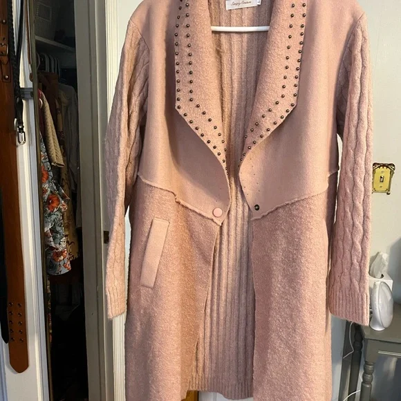 Simply Couture Pink Studded Cardigan Coat Button Closure Long Women’s Size Large - Picture 3 of 8